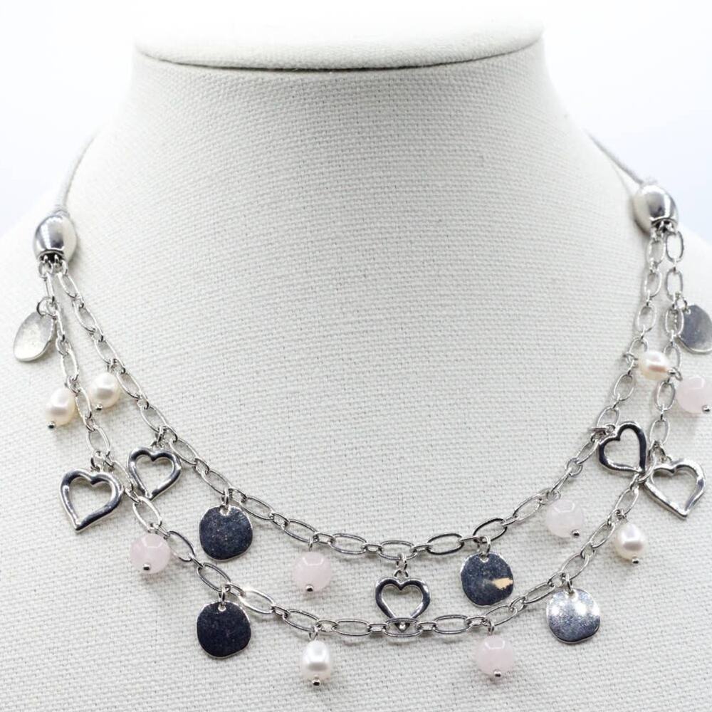 VANTEL Silver Chain Pearl Quartz Daydreams Double Strand Charm Necklace ~ NEW